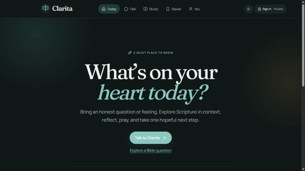 Clarita home screen with Scripture-focused prompts and navigation