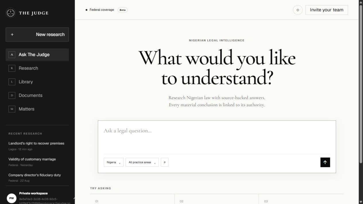 The Judge legal research workspace with research, library, documents, and matters navigation
